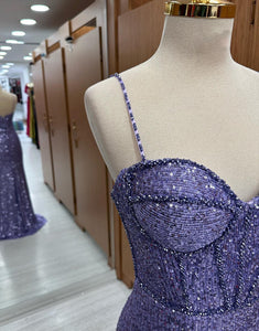 Glitter Dark Purple Mermaid Long Corset Prom Dress With Split