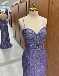 Glitter Dark Purple Mermaid Long Corset Prom Dress With Slit