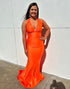 Orange Mermaid Halter V-Neck Long Prom Dress
