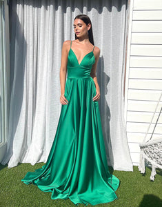 Green V-Neck A-Line Long Prom Dress