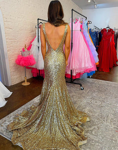 Golden Mermaid Sequined Backless Long Prom Dress