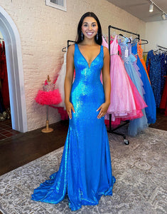 Blue Mermaid Sequin Long Prom Dress With Split