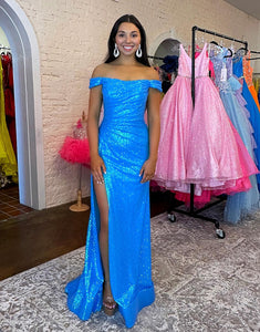 Blue Mermaid Long Off Shoulder Prom Dress With Split