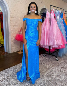 Sparkly Blue Mermaid Off The Shoulder Long Prom With Slit