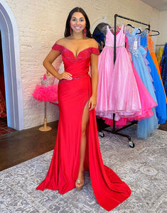 Red Mermaid Sequined Off The Shoulder Long Prom Dress With Slit