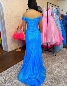 Sparkly Blue Mermaid Off The Shoulder Long Prom With Slit