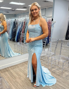 Sparkly Blue Long Mermaid Prom Dress With Split