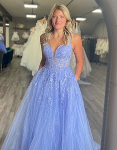 Blue A Line Tulle Long Prom Dress With Appliques
