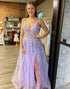 Lilac A-Line Tulle Appliques Long Prom Dress With Slit