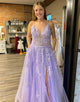 Lilac A-Line Tulle Appliques Long Prom Dress With Slit