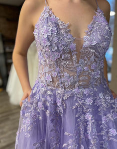 Lilac A-Line Tulle Appliques Long Prom Dress With Slit