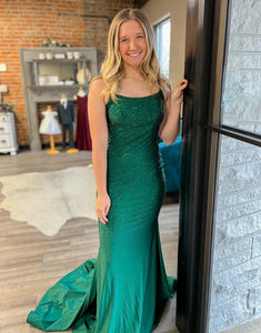 Glitter Dark Green Mermaid Long Prom Dresses With Slit
