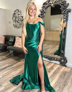 Dark Green Off The Shoulder Square Neck Prom Dress with Slit