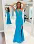 Blue Mermaid One Shoulder Long Prom Dress With Slit