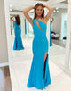 Blue Mermaid One Shoulder Long Prom Dress With Slit