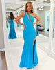 Blue Mermaid One Shoulder Long Prom Dress With Slit