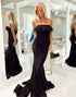Black Strapless Satin Mermaid Prom Dresses with Feather