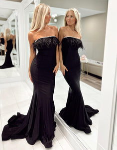 Black Strapless Satin Mermaid Prom Dresses with Feather