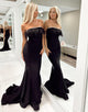 Black Strapless Satin Mermaid Prom Dresses with Feather