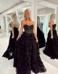 Black Tulle Strapless Long Prom Dress With Applique