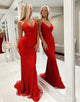 Sparkly Red Mermaid Spaghetti Strap Open Back Prom Dress