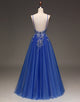 A Line Spaghetti Straps Royal Blue Long Prom Dress with Appliques