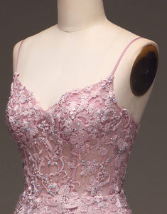 A Line Spaghetti Straps Blush Prom Dress with Appliques