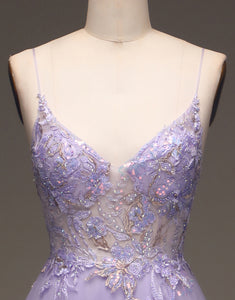 Purple A Line Spaghetti Straps Prom Dress With Appliques