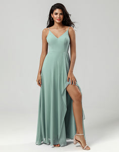 Matcha Spaghetti Straps Long Bridesmaid Dress with Ruffles