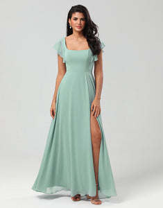 Matcha Square Neck Chiffon Bridesmaid Dress with Ruffles