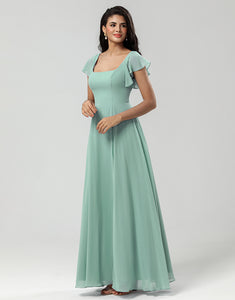 Matcha Square Neck Chiffon Bridesmaid Dress with Ruffles