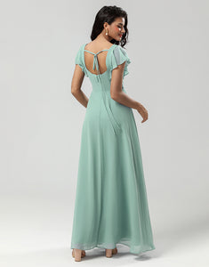 Matcha Square Neck Chiffon Bridesmaid Dress with Ruffles