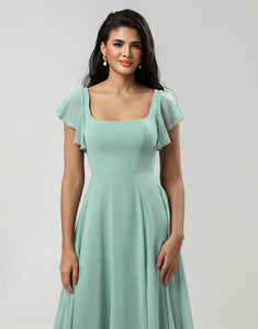 Matcha Square Neck Chiffon Bridesmaid Dress with Ruffles