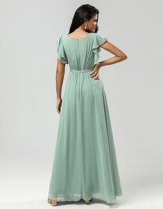 Chiffon V-neck Mint Bridesmaid Dress with Slit