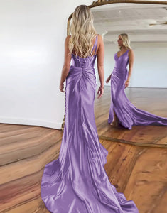 Dark Purple V-Neck Ruched Satin Prom Dress with Slit
