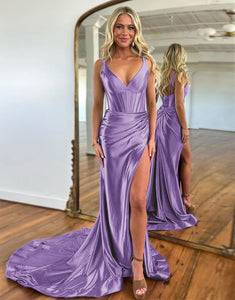 Dark Purple V-Neck Ruched Satin Prom Dress with Slit