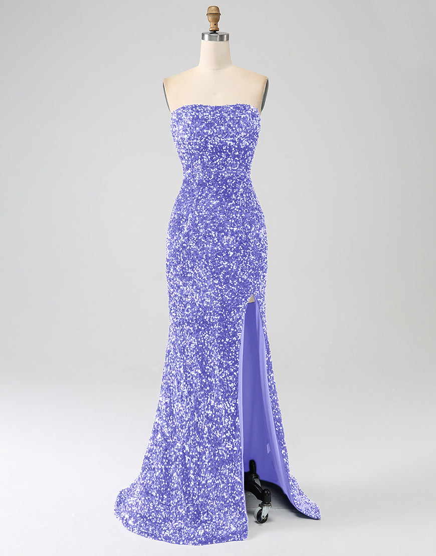 Dressself Strapless Tight Sequin Royal Blue Sheath Prom Dress with Split Dressself Strapless Tight Sequin Royal Blue Sheath Prom Dress with Split