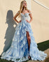 Sky Blue A-Line V Neck Tiered Long Prom Dress With Slit