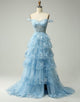 Sky Blue A-Line V Neck Tiered Long Prom Dress With Slit