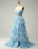 Sky Blue A-Line V Neck Tiered Long Prom Dress With Slit