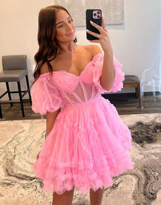 Off the Shoulder Pink A Line Corset Homecoming Dress