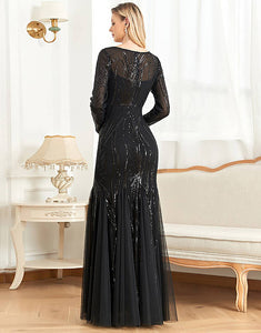 Mermaid Sequins Boat Neck Black Mother of the Bride Dress with Long Sleeves