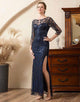 Navy Sparkly Beaded Sequins Mother of the Bride Dress with Slit