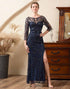 Navy Sparkly Beaded Sequins Mother of the Bride Dress with Slit