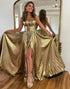 Sparkly Golden A Line Long Prom Dress With Slit