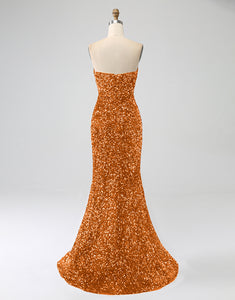 Sheath Strapless Tight Sequin Side Slit Prom Dress