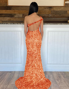 Fuchsia One Shoulder Open Back Sequin Prom Dress