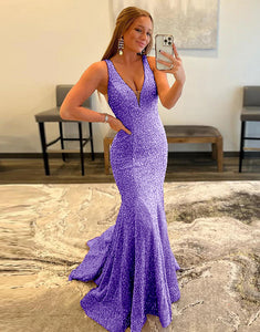 V-neck Mermaid Open Back Long Prom Dress