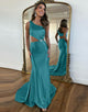 Red One Shoulder Cutout Waist Long Satin Mermaid Prom Dress With Beading