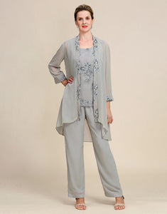 Grey 3 Piece Mother of the Bride Pant Suits with Lace
